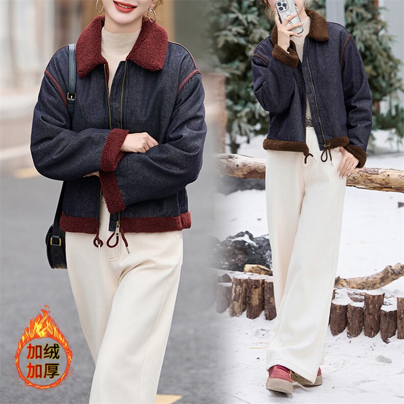 时尚拼接翻领加绒牛仔短外套女2024冬季新款小个子休闲羊羔毛棉服,女装羊羔毛/颗粒绒,美拉德工厂直营店