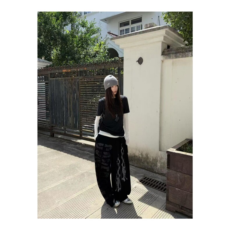 美式复古小众字母火焰飘带休闲卫裤街头设计感宽松休闲直筒阔腿裤,女装休闲裤,星座1210-1