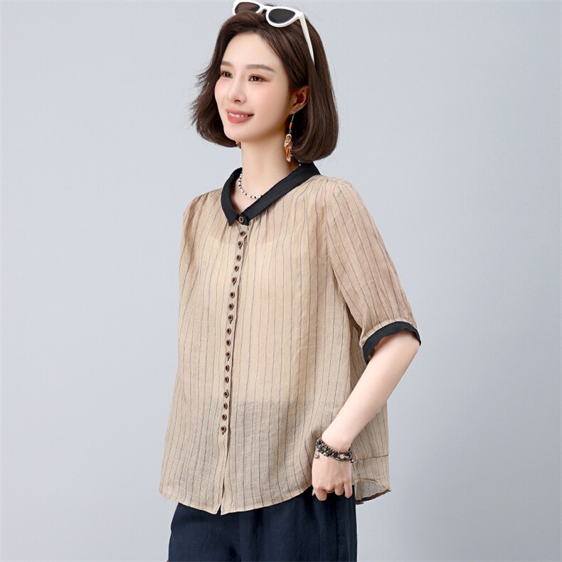 棉麻女2025夏季新款中年妈妈洋气减龄苎麻条纹衬衫休闲,女装衬衫,独衣靓