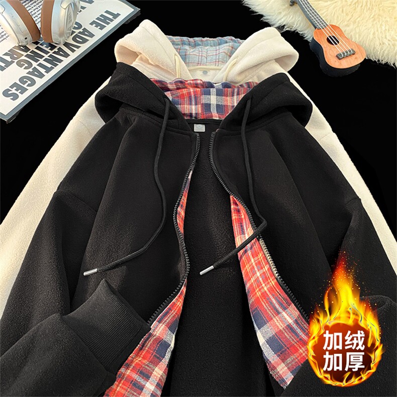 毛毯风摇粒绒格子开衫连帽卫衣宽松加绒冬潮牌外套A436-113-P60,男装卫衣,电商A436