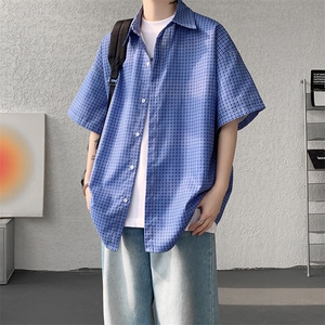 8XL-M短袖衬衫男夏宽松慵懒风痞帅条纹格子衫半袖外套DC28005P40图片