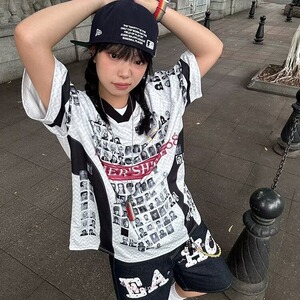 2025夏季潮牌拼接网面透气球衣短袖男女美式复古vibe宽松情侣T恤图片