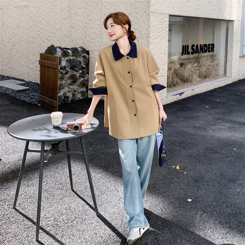 设计感撞色拼接卡其色风衣外套女春秋2025新款爆款高级感显瘦大衣,女装风衣,1D103