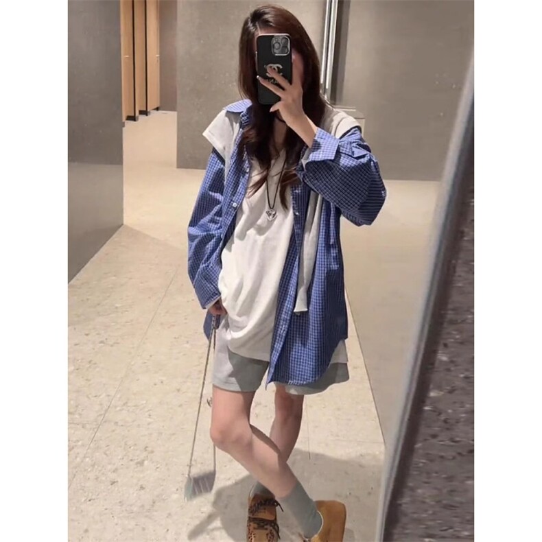 TC735-P45蓝色格子长袖衬衫女夏季独特超好看宽松休闲防晒衬衣,男装防晒衣,星座617A-2