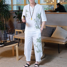 夏季棉麻一套装衣服男士中国风刺绣短袖t恤帅气半袖衣服HS01-P45，男装T恤，星座509