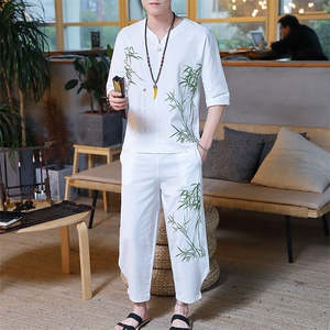 夏季棉麻一套装衣服男士中国风刺绣短袖t恤帅气半袖衣服HS01-P45图片