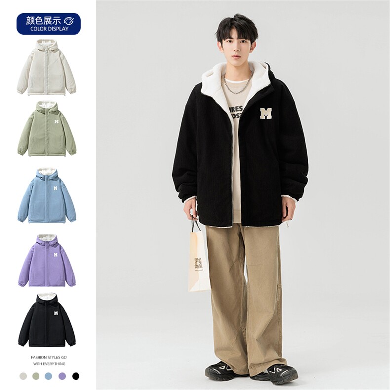 灯芯绒两面穿棉服男女羊羔毛棉衣外套冬季加厚棉袄M0811-P120图片