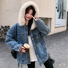 新款现货大货已出90绒可拆卸毛领连帽牛仔羽绒6976-P295-K438，女装羽绒服，2D034