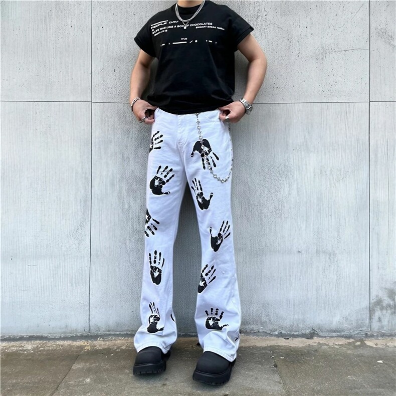 美式微喇裤子高街手掌印白色牛仔裤男女青少年潮牌炸街图案长裤潮，男装牛仔裤，电商A306-2