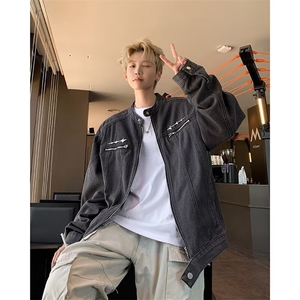 2024新款高街短款立领牛仔夹克痞帅拉链无领外套现货 W8279-P75图片