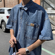短袖牛仔衬衫男夏季美式潮牌情侣男装半袖寸衫CS025-P48，男装衬衫，星座308B-1