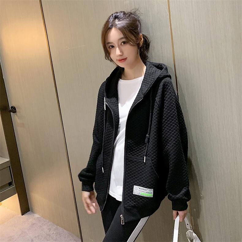 现货2024秋季新款短外套女华夫格宽松卫衣外套大口袋贴标上衣,女装短外套,梦懿尔