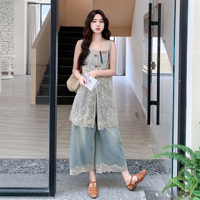 又a又飒蕾丝马甲七分牛仔阔腿裤套装女2025夏季新款小个子两件套,女装套装/套裙,浙宝305