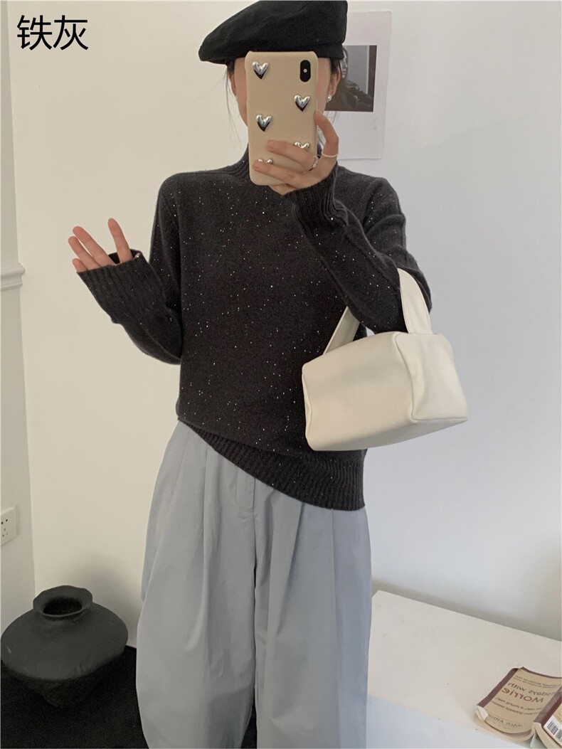 青绿半高领加厚羊毛衫时尚显瘦珠片装饰上衣,女装羊毛衫,牧思羊