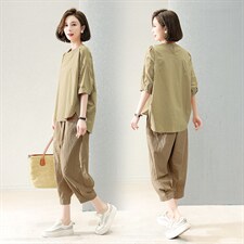 2025夏季新款时尚休闲宽松大码显瘦中年妈妈两件套减龄棉麻套装女，女装套装/套裙，深水步