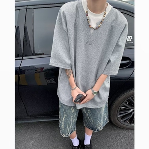美式V领假两件设计感短袖夏季男女休闲简约T恤  T5503 P38图片
