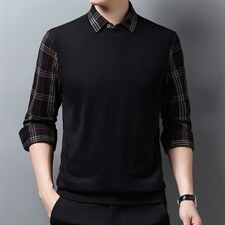 春秋季2023新款中年男士假两件长袖t恤翻领爸爸装商务休闲卫衣，男装卫衣，电商B212（原钱塘6029）