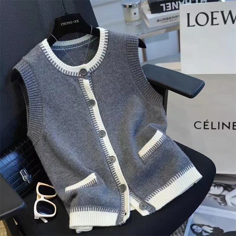 时尚百搭秋季女装无袖针织开衫外套显瘦修身毛衣马甲简约大方设计，女装马甲，百纯羊绒