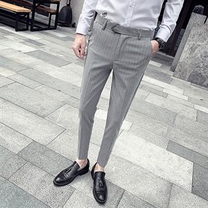 7631-P55加绒60 2021春秋条纹休闲裤西裤男士英伦风西装长裤子图片