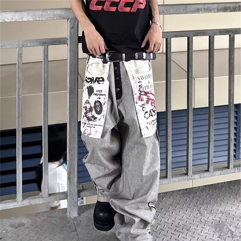 设计感美式复古仿反穿裁剪牛仔裤男秋翻面明线阔腿裤AM7067P51,男装牛仔裤,星座1013-5