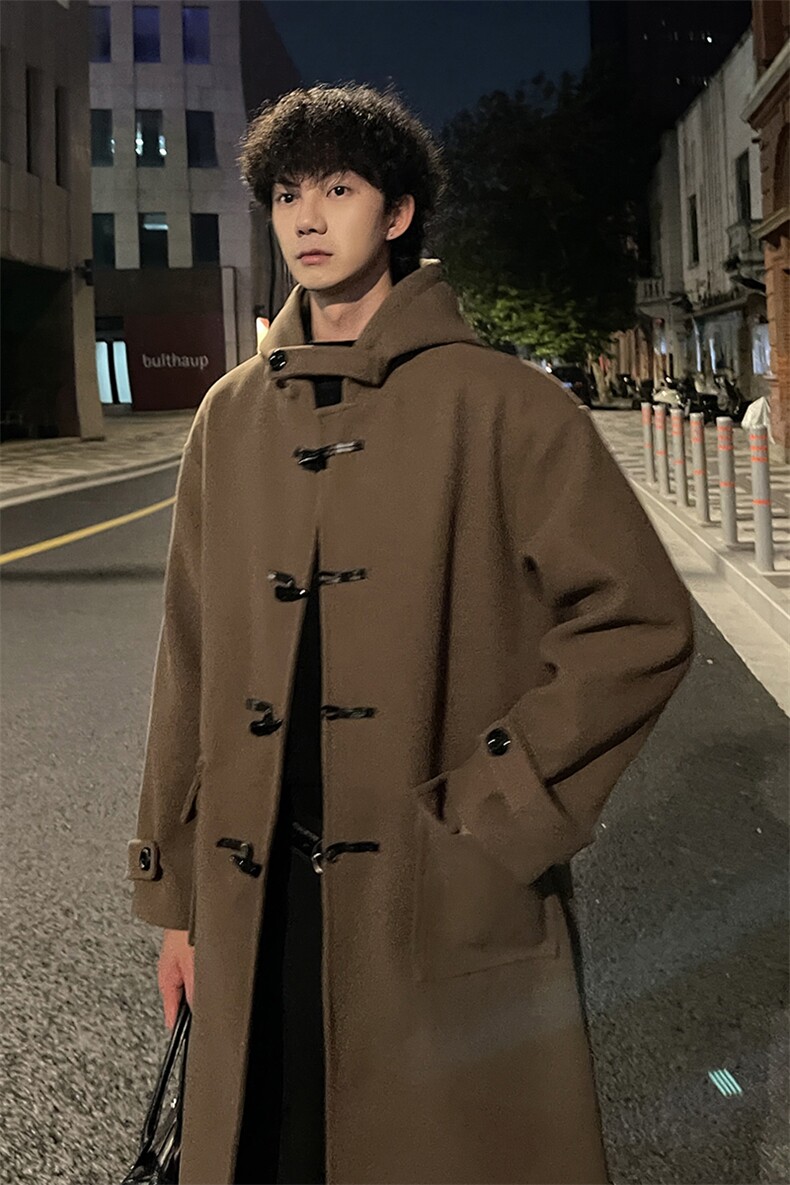 秋冬新款牛角扣连帽毛呢大衣男宽松风衣外套MN00706/P125加棉P135,男装风衣,电商B316
