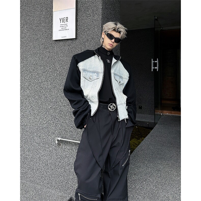 现货！25超短款牛仔拼接垫肩西服撞色夹克外套JK82-P138,男装夹克,电商B288