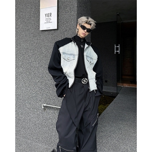 现货！25超短款牛仔拼接垫肩西服撞色夹克外套JK82-P138图片