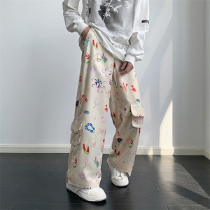 美式复古彩色设计感男女款春秋休闲涂鸦花卉系列工装裤K0118-P48图片