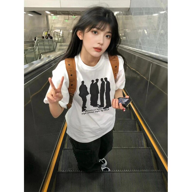 T550-P25 美式人像复古纯棉印花短袖 潮男女同款情侣上衣图片