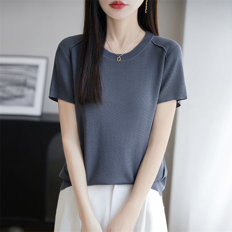 夏季新款桑蚕丝针织短袖T恤女莱赛尔天丝纯色上衣宽松打底衫半袖,针织衫/毛衣,朝思羊绒