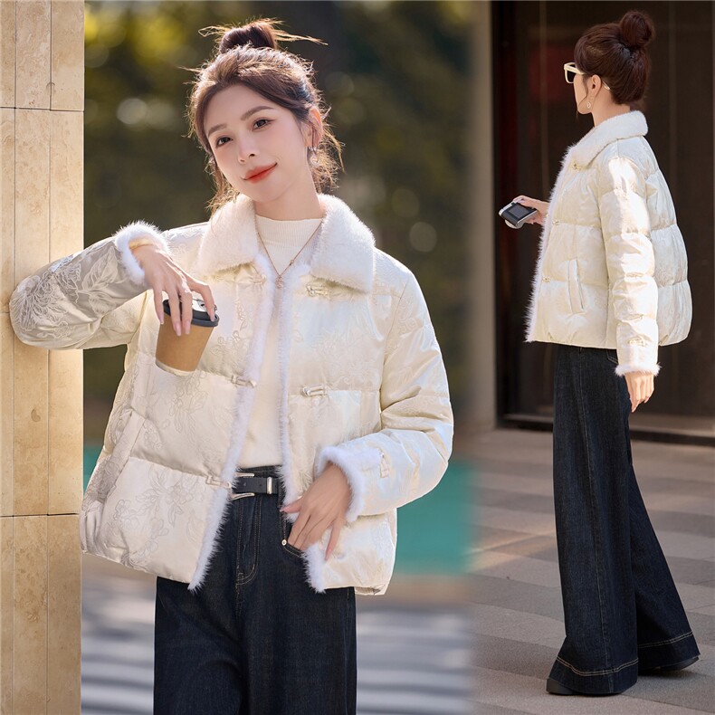 现货2026冬装新款时尚风羽绒服外套中式提花保暖女人味显瘦韩版,女装羽绒服,唯婧