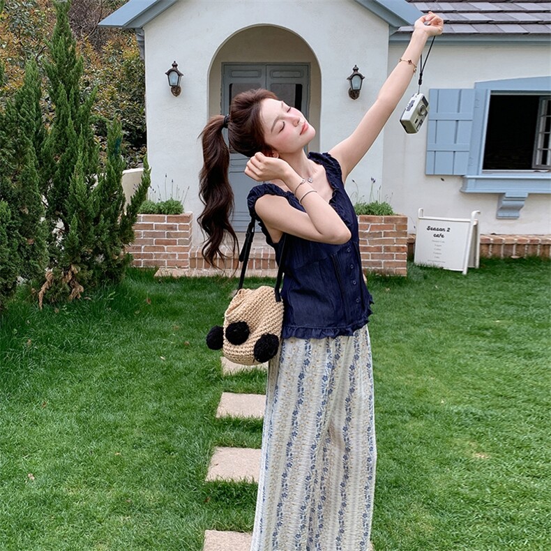 夏季新款少女感显瘦碎花阔腿裤两件套温柔系穿搭法式牛仔小衫套装,女装套装/套裙,浙宝305