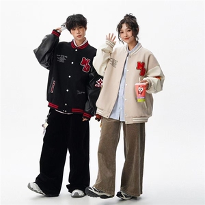 网络图现货 美式复古黑红拼接刺绣男女款春秋宽松棒球服J5516-P70图片