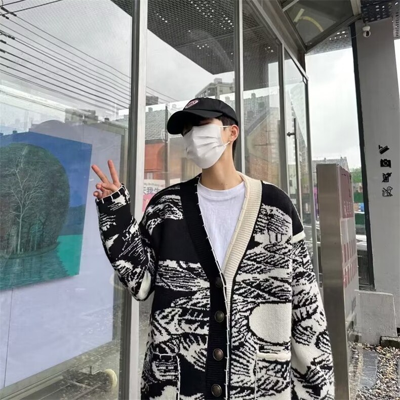 针织开衫男韩版潮流拼色V领高街帅2023冬季新款ins外套MZ200-P53,男装针织衫/毛衣,星座412-3