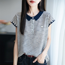 竹节麻翻领短袖针织衫女t恤夏季新款简约时尚洋气减龄Polo衫上衣，女装针织衫/毛衣，菲奥羊绒