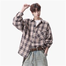 衬衫男春季新款港风宽松大码磨毛格子长袖衬衣CS550-P38，男装衬衫，星座214-3