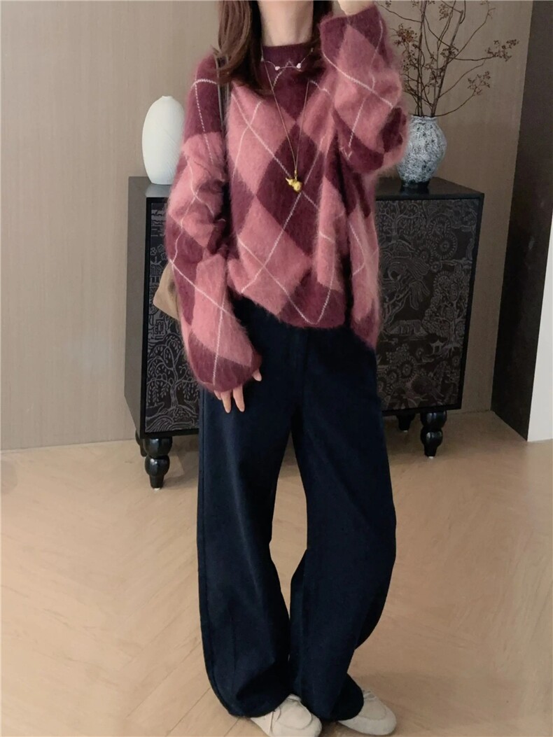 2025新款舒适时尚百搭菱形慵懒女士，女装羊毛衫，慕洵羊绒