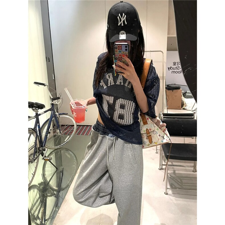 夏季藏青色87大网眼球衣美式街头复古印花球服短袖t恤男女夏季,男装T恤,星座506A