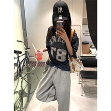 夏季藏青色87大网眼球衣美式街头复古印花球服短袖t恤男女夏季，男装T恤，星座506A