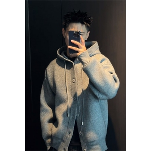 cleanfit黑色开衫外套男款秋冬季慵懒风毛衣高级感美式连帽针织衫图片