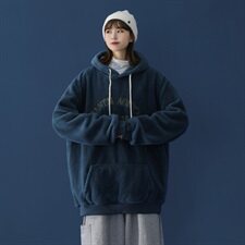 703-W199主推秋冬情侣拉绒羊羔毛卫衣绣花套头帽衫蓝底，男装卫衣，星座703