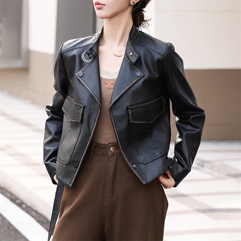 2024新款安哥拉色立领小皮衣女短款机车百搭修身外套夹克春秋装,女装皮衣,江南女神