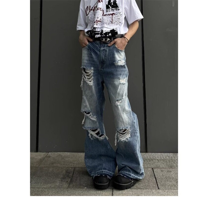 美式复古水洗猫须破洞微喇叭牛仔裤男高街拖地长裤2025春季，女装休闲裤，星座506A