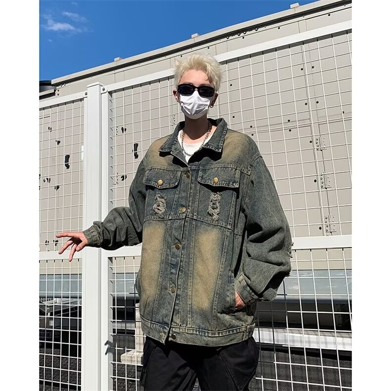 街头美式复古做旧牛仔外套男女宽松潮牌休闲破洞夹克上衣JK2839图片