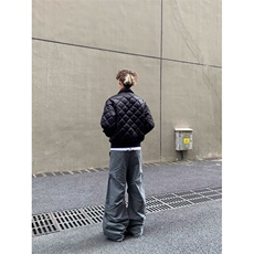 嘻哈风刺绣珍珠黑色菱格棉服夹克男美式复古街头休闲加厚保暖外套，男装夹克，四季星座505