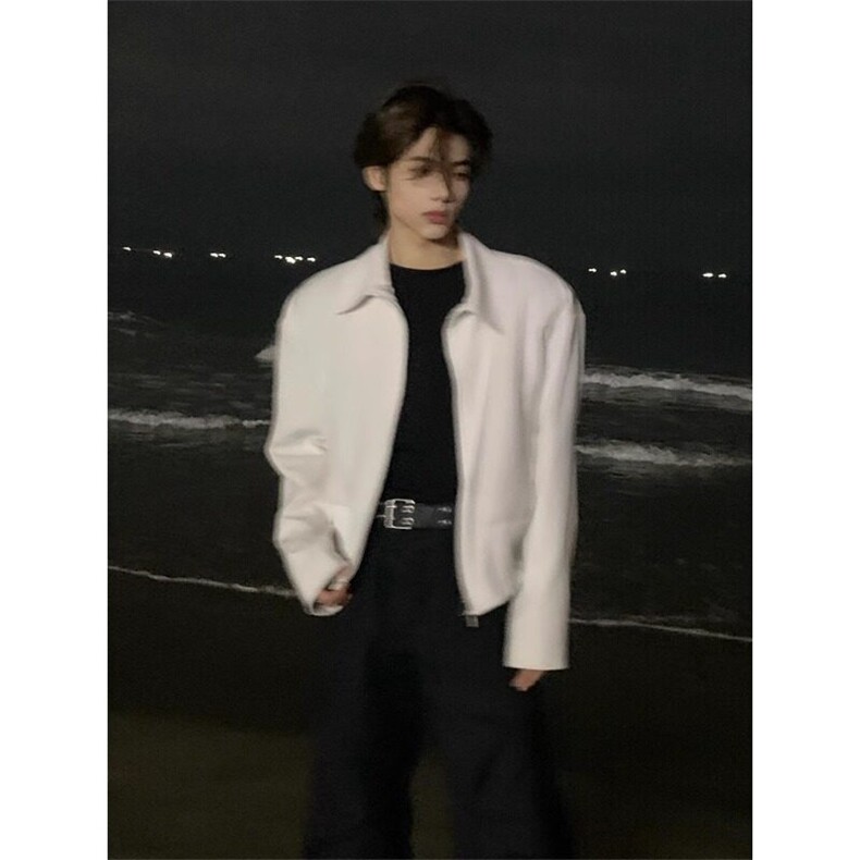 白色短款外套潮高级感行政翻领夹克美式复古棒球服JK642特P60,男装夹克,星座908-1