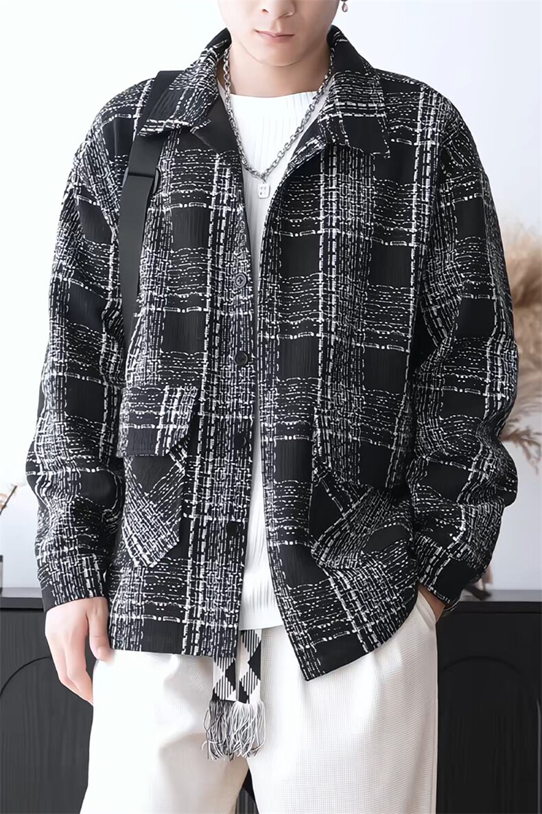 新款小香风格子翻领开衫外套男潮流大码夹克外套J5282-特P60控118,男装夹克,电商A001