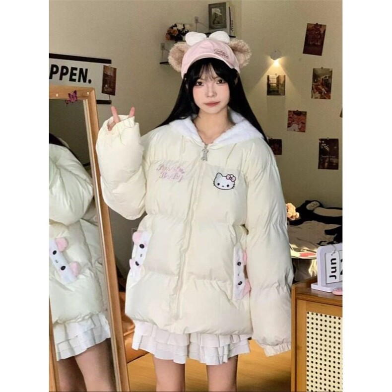 甜美风凯蒂猫刺绣毛绒连帽棉服女冬季新款保暖学生外套面包服,男装夹克,星座506A
