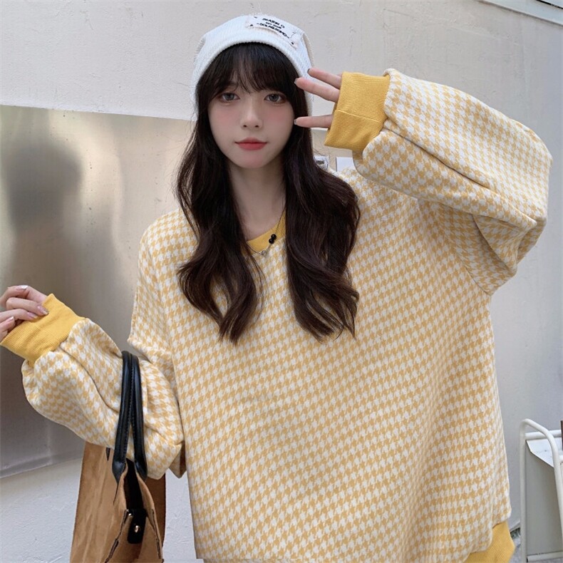 320g复合棉2025秋冬装加绒加厚宽松千鸟格时尚套头卫衣7004-p50,男装卫衣,星座911-3