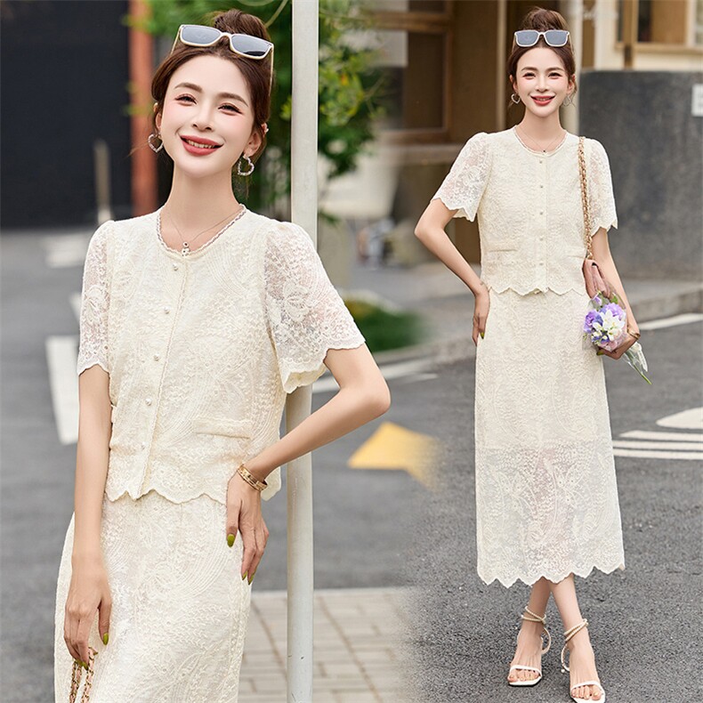 小香风米白色蕾丝套装连衣裙女2026夏季新款气质短袖半身裙两件套，女装套装/套裙，美沁